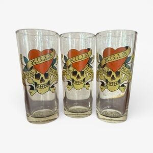 Ed Hardy Y2K Tattoo Skull Design Glasses 3 PC Set Drinkware Glassware Kitchen